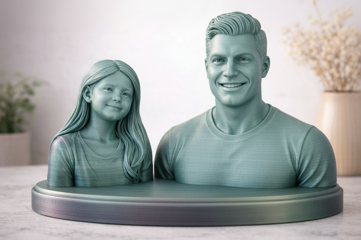 3d printed side by side bust of a daughter and father 
